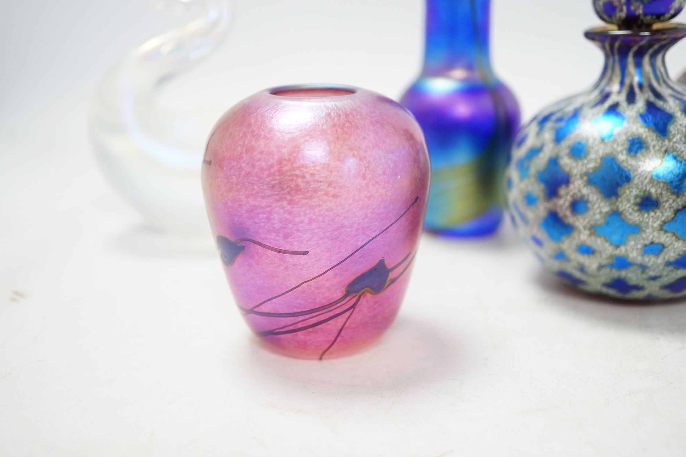 Five pieces of art glass to include four pieces of Glasform and a Siddy Langley spherical scent bottle and stopper, 21cm. Condition - good
